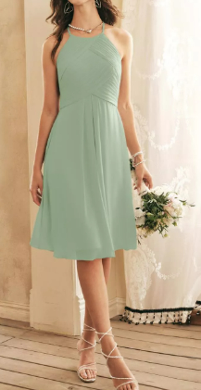 AW BRIDAL 4 S sage green chiffon Becky halter party knee length dress NEW B35